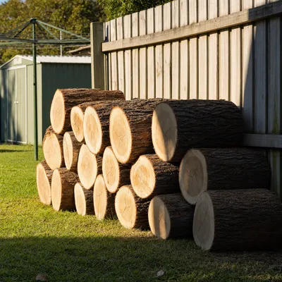 Firewood rounds stacked along the fence, Adelaide